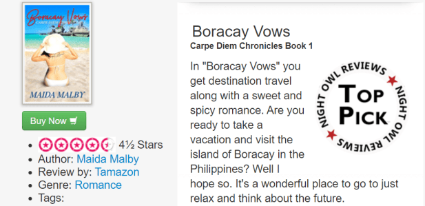 In "Boracay Vows" you get destination travel along with a sweet and spicy romance. Are you ready to take a vacation and visit the island of Boracay in the Philippines? Well I hope so. It's a wonderful place to go to just relax and think about the future.